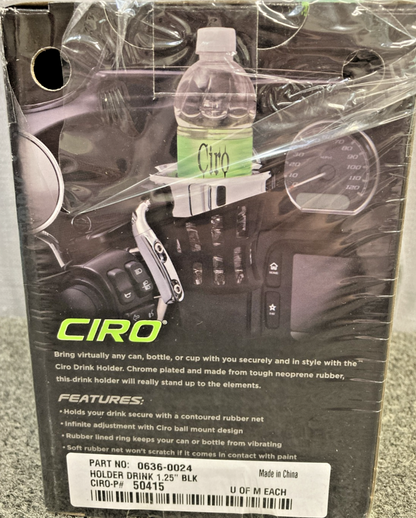 NEW GENUINE CIRO 0636-0024 DRINK HOLDER 1-1/4" HANDLEBAR MOUNT CHR/BLK, 50415