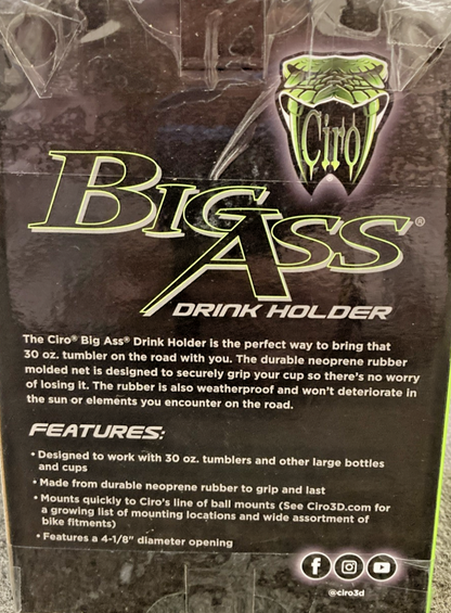 NEW GENUINE CIRO 0636-0137 BIG ASS DRINK HOLDER W/ '14-UP PASSENGER MOUNT, 50922