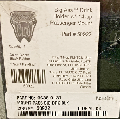 NEW GENUINE CIRO 0636-0137 BIG ASS DRINK HOLDER W/ '14-UP PASSENGER MOUNT, 50922