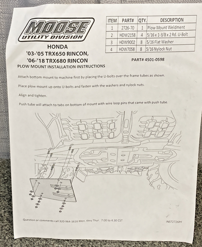NEW GENUINE MOOSE UTILITY 4501-0598 PLOW MOUNT FOR HONDA