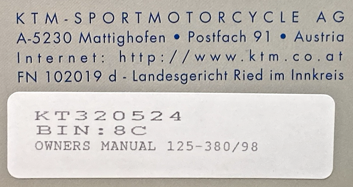 NEW GENUINE KTM 320524 OWNER'S HANDBOOK 1998