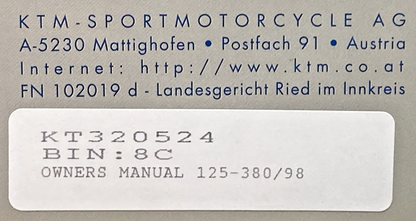 NEW GENUINE KTM 320524 OWNER'S HANDBOOK 1998