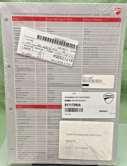 NEW GENUINE DUCATI 91717395A TECHNICAL SPECIFICATION UPDATE 2020-21
