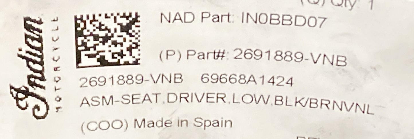 NEW GENUINE POLARIS 2691889-VNB INDIAN SEAT,DRIVER,LOW,BLK/BRNVNL BOBBER ONLY