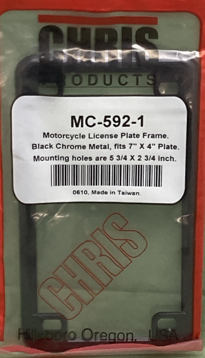 NEW CHRIS PRODUCTS MC-592-1 LICENSE PLATE FRAME BLACK CHROME METAL 7"X4"