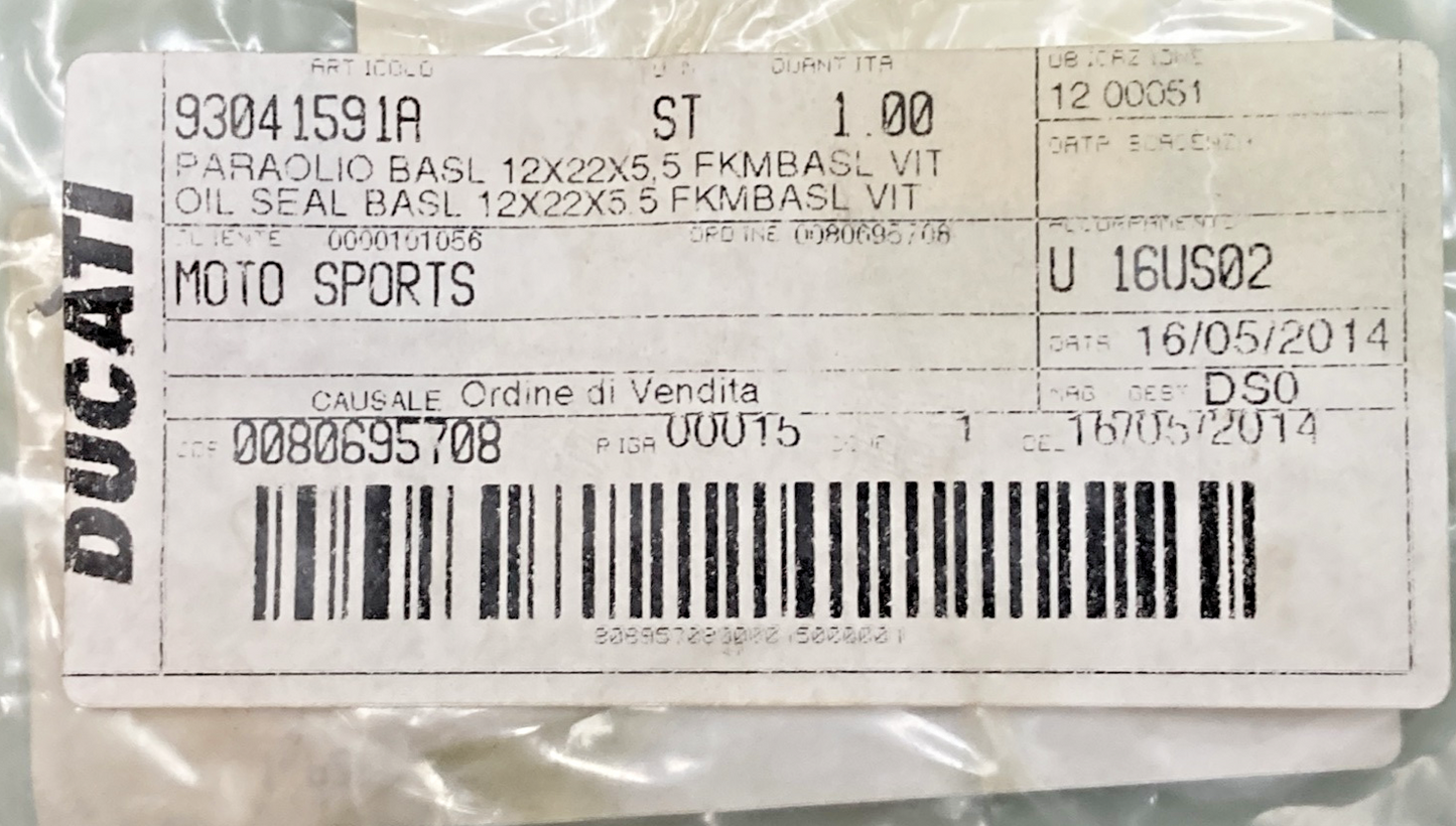 NEW GENUINE DUCATI 93041591A SEAL RING BASL 12X22X5.5 FKMBASL VIT