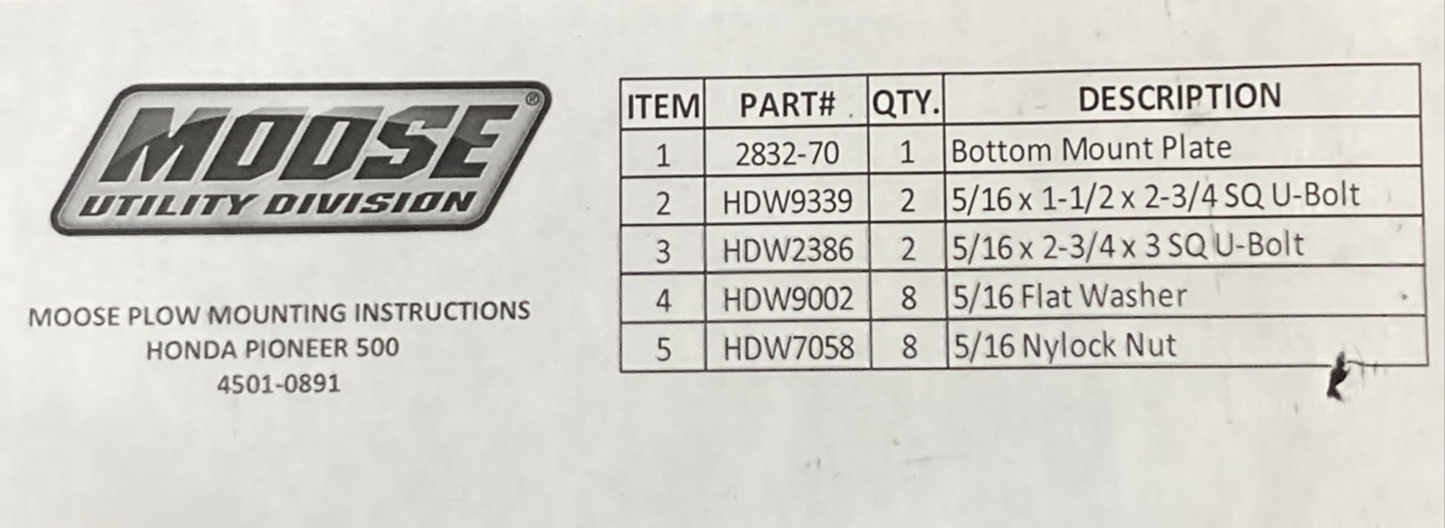 NEW MOOSE UTILITY 2832PF Plow Bottom Mount Kit COMPLETE