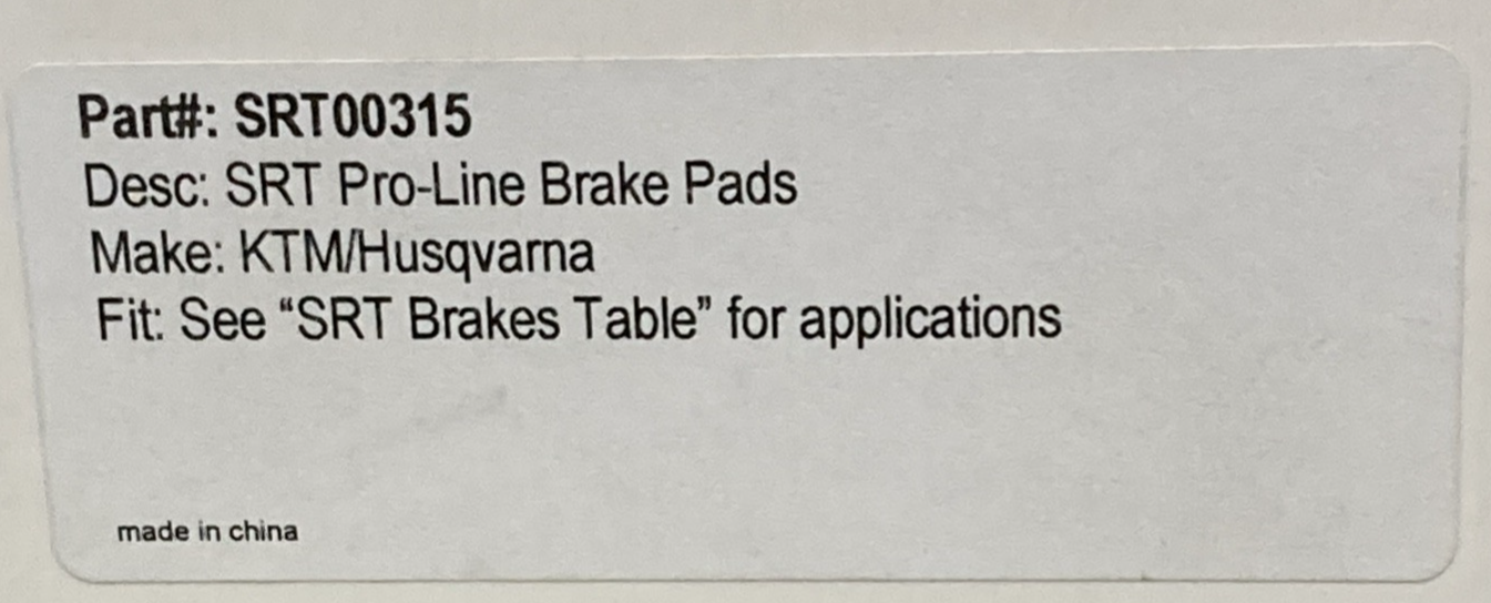 NEW GENUINE SRT SRT00315 PRO LINE SINTERED BRAKE PADS FOR KTM