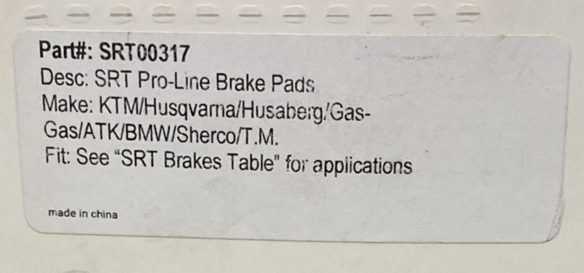 NEW GENUINE SRT SRT00317 PRO LINE SINTERED BRAKE PADS FOR KTM