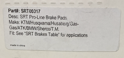 NEW GENUINE SRT SRT00317 PRO LINE SINTERED BRAKE PADS FOR KTM