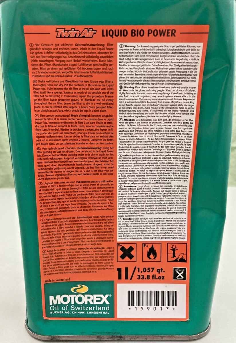 NEW GENUINE MOTOREX TWIN AIR 159017 LIQUID BIO POWER HI-TACK FILTER OIL, 1LT