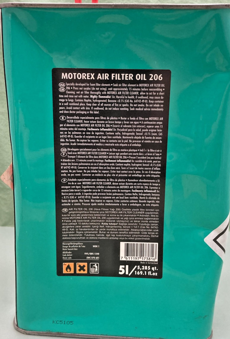 NEW GENUINE MOTOREX MOTO LINE UN3A1/Y/250/94 AIR FILTERR OIL 206, 5L, P3610-0063