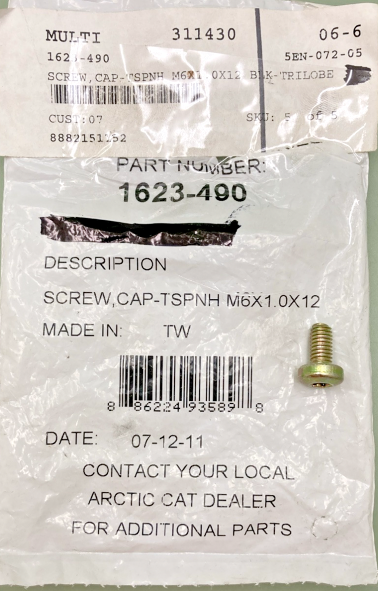 NEW GENUINE ARCTIC CAT 1623-490 SCREW, CAP-TSPNH M6X1.0X12CL8 TRILOBE