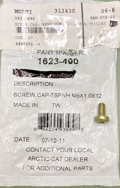 NEW GENUINE ARCTIC CAT 1623-490 SCREW, CAP-TSPNH M6X1.0X12CL8 TRILOBE