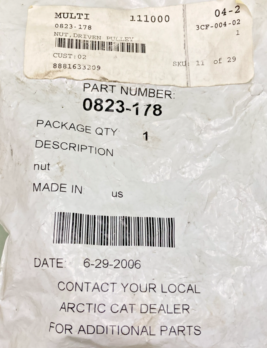 NEW GENUINE ARCTIC CAT 0823-178 NUT DRIVEN PULLEY, REPLACED 0823-457