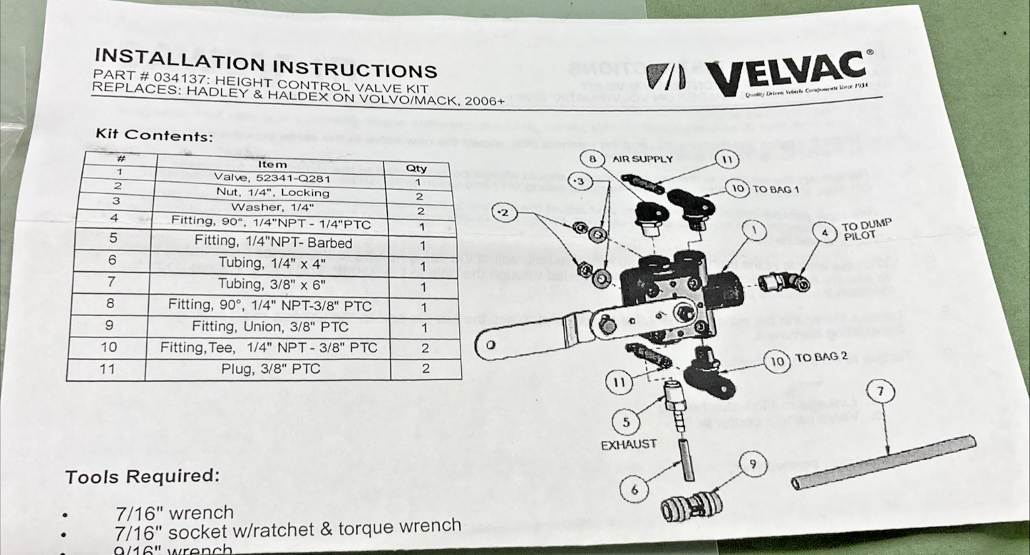 NEW GENUINE VOLVO 034137 HEIGHT CONTROL VALVE KIT