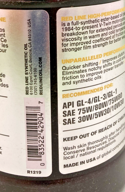 NEW GENUINE RED LINE 42904 SYNTHETIC OIL, V-TWIN PRIMARY CASE OIL, 1 QT , R1219