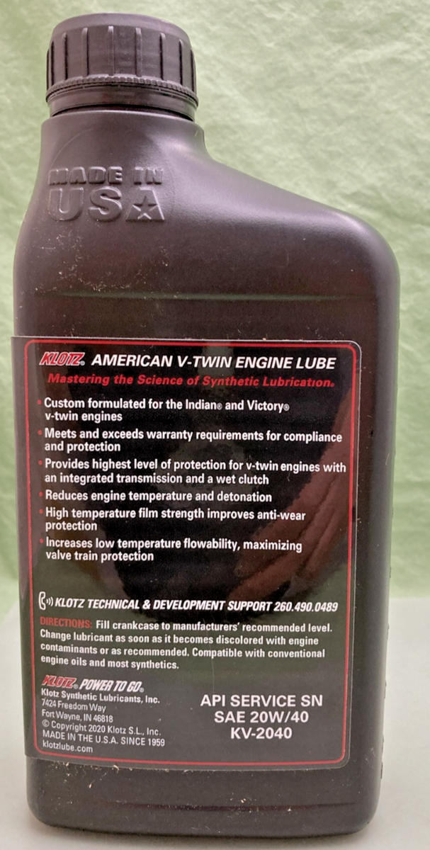 NEW GENUINE KLOTZ KV-2040 AMERICAN V-TWIN SAE 20W/40 SYNTHETIC LUBRICANT, 32FL