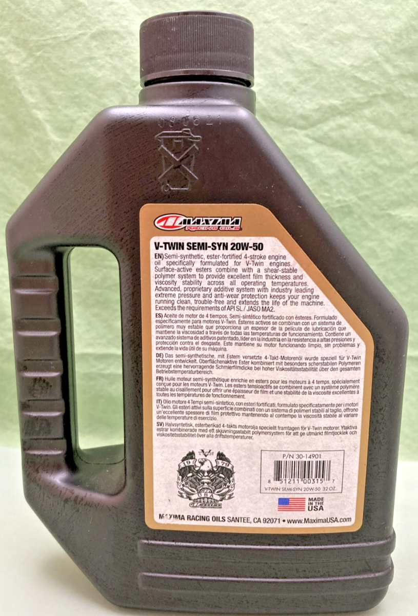 NEW GENUINE MAXIMA 30-14901 V-TWIN ENGINE OIL SAE 20W-50 SEMI-SYNTHETIC, 1Q/946M