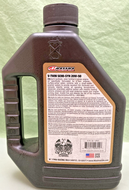 NEW GENUINE MAXIMA 30-14901 V-TWIN ENGINE OIL SAE 20W-50 SEMI-SYNTHETIC, 1Q/946M