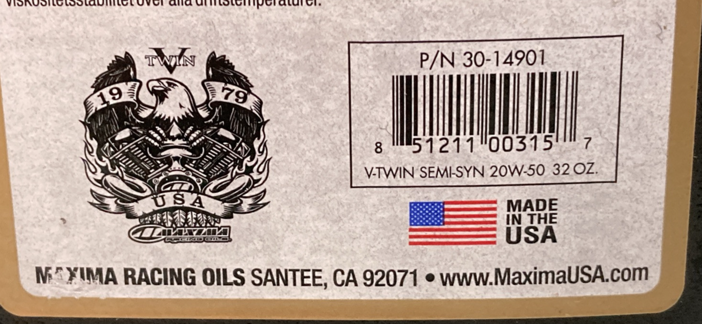 NEW GENUINE MAXIMA 30-14901 V-TWIN ENGINE OIL SAE 20W-50 SEMI-SYNTHETIC, 1Q/946M