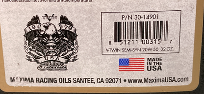 NEW GENUINE MAXIMA 30-14901 V-TWIN ENGINE OIL SAE 20W-50 SEMI-SYNTHETIC, 1Q/946M