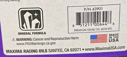 NEW MAXIMA 43901 HIGH PERFORMANCE GEAR OIL 80W-90 MINERAL FORMULA API GL-5