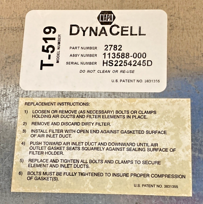 NEW GENUINE NAPA 2782 DYNACELL T-519 AIR FILTER ELEMENT