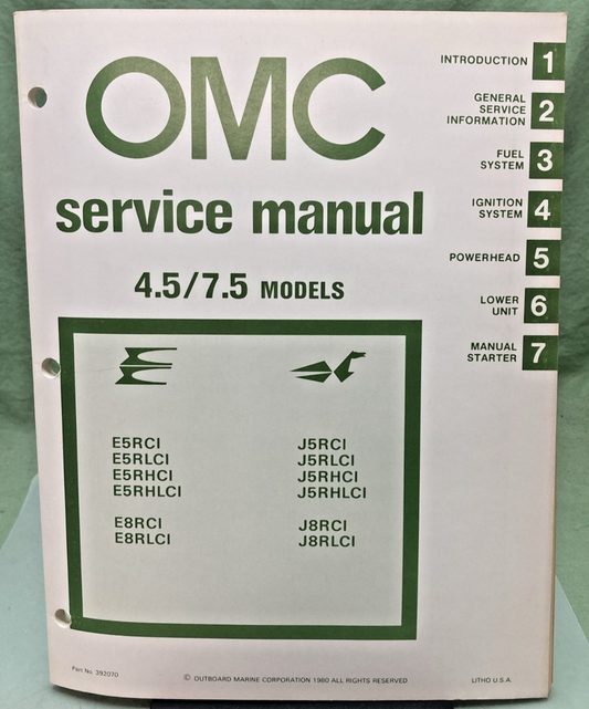 NEW OMC 392070 4.5/7.5 MODELS SERVICE MANUAL 1980
