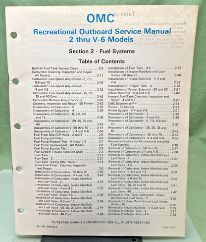 GENUINE OMC 393765-2 SECTION TWO 2 THRU V-6 MODELS SERVICE MANUAL 1982