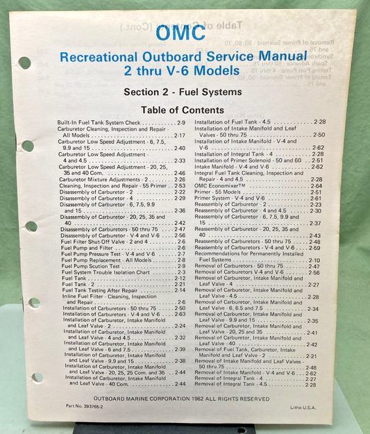 GENUINE OMC 393765-2 SECTION TWO 2 THRU V-6 MODELS SERVICE MANUAL 1982