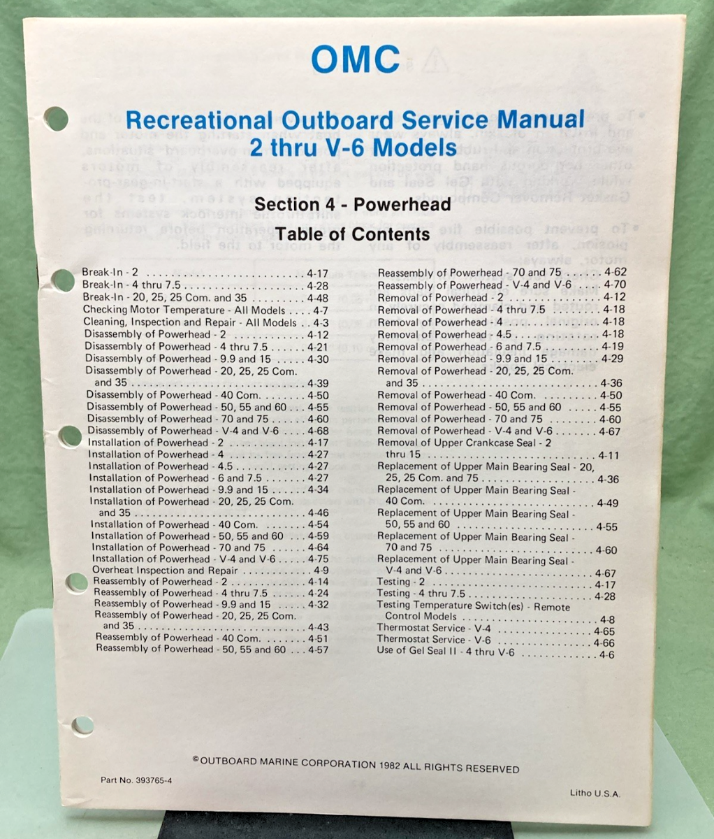 NEW GENUINE OMC 393765-4 SECTION FOUR 2 THRU V-6 MODELS SERVICE MANUAL 1982