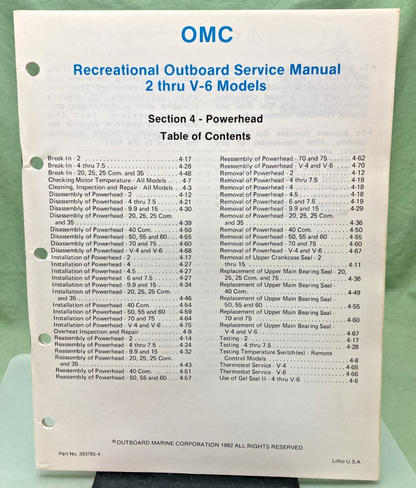 NEW GENUINE OMC 393765-4 SECTION FOUR 2 THRU V-6 MODELS SERVICE MANUAL 1982