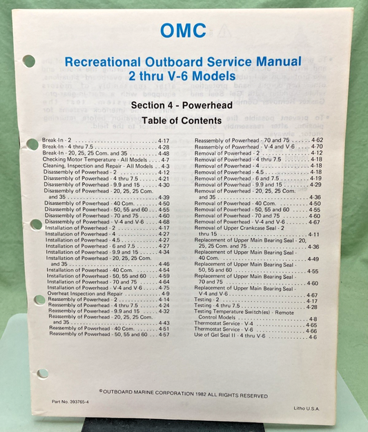 NEW GENUINE OMC 393765-4 SECTION FOUR 2 THRU V-6 MODELS SERVICE MANUAL 1982