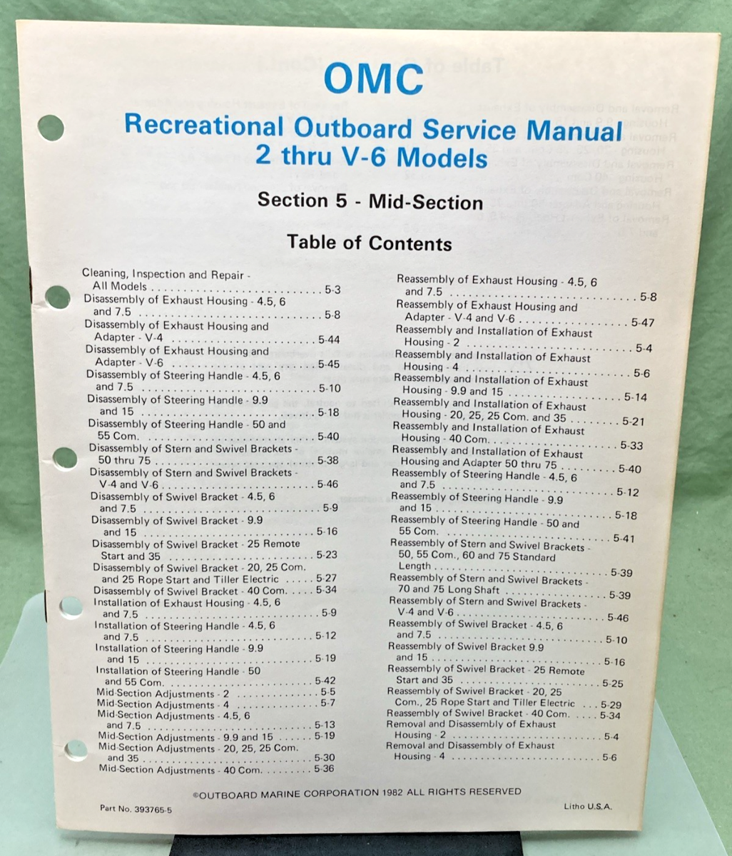 NEW GENUINE OMC 393765-5 SECTION FIVE 2 THRU V-6 MODELS SERVICE MANUAL 1982