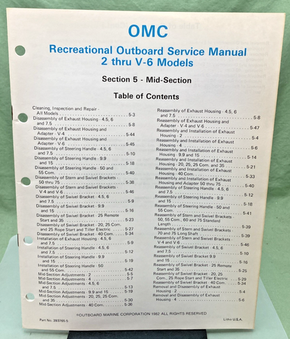 NEW GENUINE OMC 393765-5 SECTION FIVE 2 THRU V-6 MODELS SERVICE MANUAL 1982