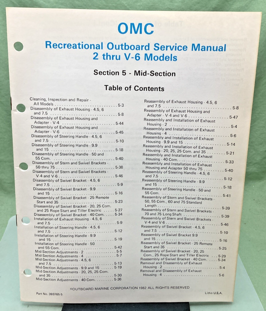 NEW GENUINE OMC 393765-5 SECTION FIVE 2 THRU V-6 MODELS SERVICE MANUAL 1982
