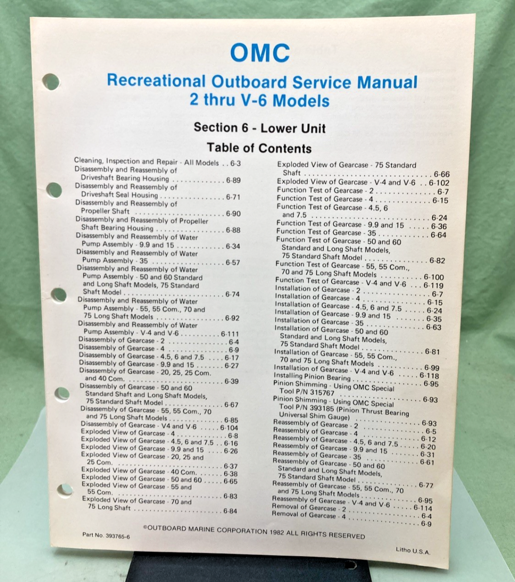 NEW GENUINE OMC 393765-6 SECTION SIX 2 THRU V-6 MODELS SERVICE MANUAL 1982