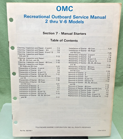 NEW GENUINE OMC 393765-7 SECTION SEVEN 2 THRU V-6 MODELS SERVICE MANUAL 1982