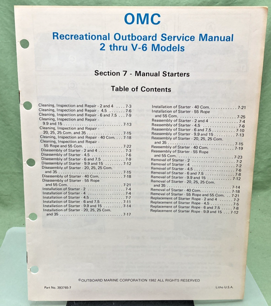 NEW GENUINE OMC 393765-7 SECTION SEVEN 2 THRU V-6 MODELS SERVICE MANUAL 1982