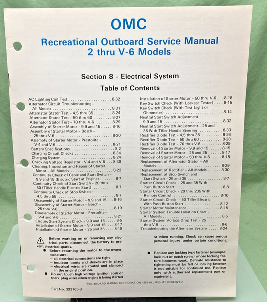 NEW GENUINE OMC 393765-8 SECTION EIGHT 2 THRU V-6 MODELS SERVICE MANUAL 1982