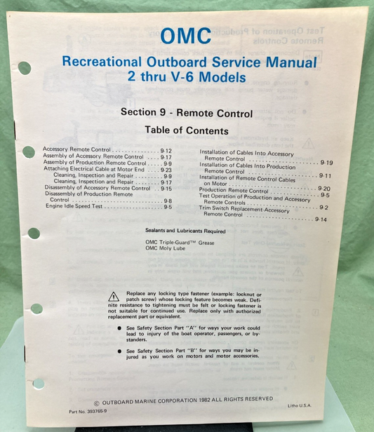 NEW GENUINE OMC 393765-9 SECTION NINE 2 THRU V-6 MODELS SERVICE MANUAL 1982