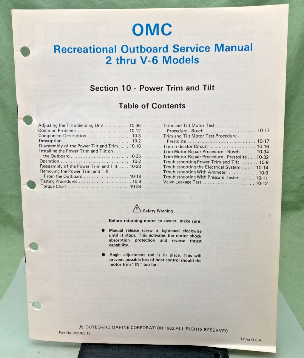 NEW GENUINE OMC 393765-10 SECTION TEN 2 THRU V-6 MODELS SERVICE MANUAL 1982
