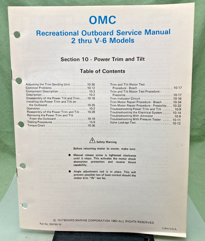 NEW GENUINE OMC 393765-10 SECTION TEN 2 THRU V-6 MODELS SERVICE MANUAL 1982