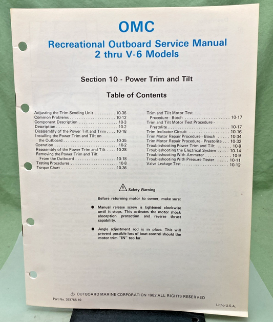 NEW GENUINE OMC 393765-10 SECTION TEN 2 THRU V-6 MODELS SERVICE MANUAL 1982