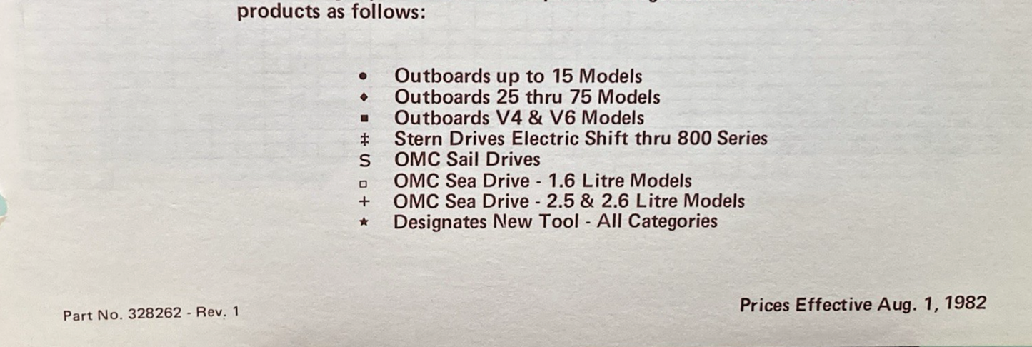 NEW GENUINE OMC 328262 SPECIAL TOOLS DEALER ORDER FORM 1982