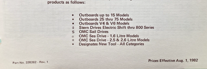 NEW GENUINE OMC 328262 SPECIAL TOOLS DEALER ORDER FORM 1982