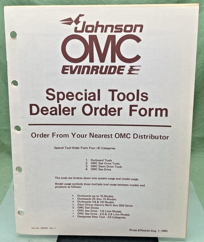 NEW GENUINE OMC 328262 SPECIAL TOOLS DEALER ORDER FORM 1982