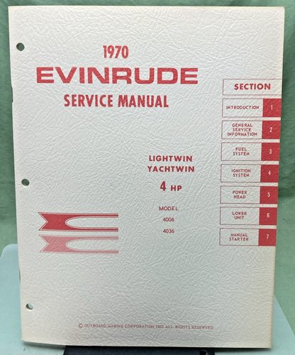 NEW GENUINE EVINRUDE 4682 LIGHTWIN YACHTWIN 4 HP SERVICE MANUAL 1970