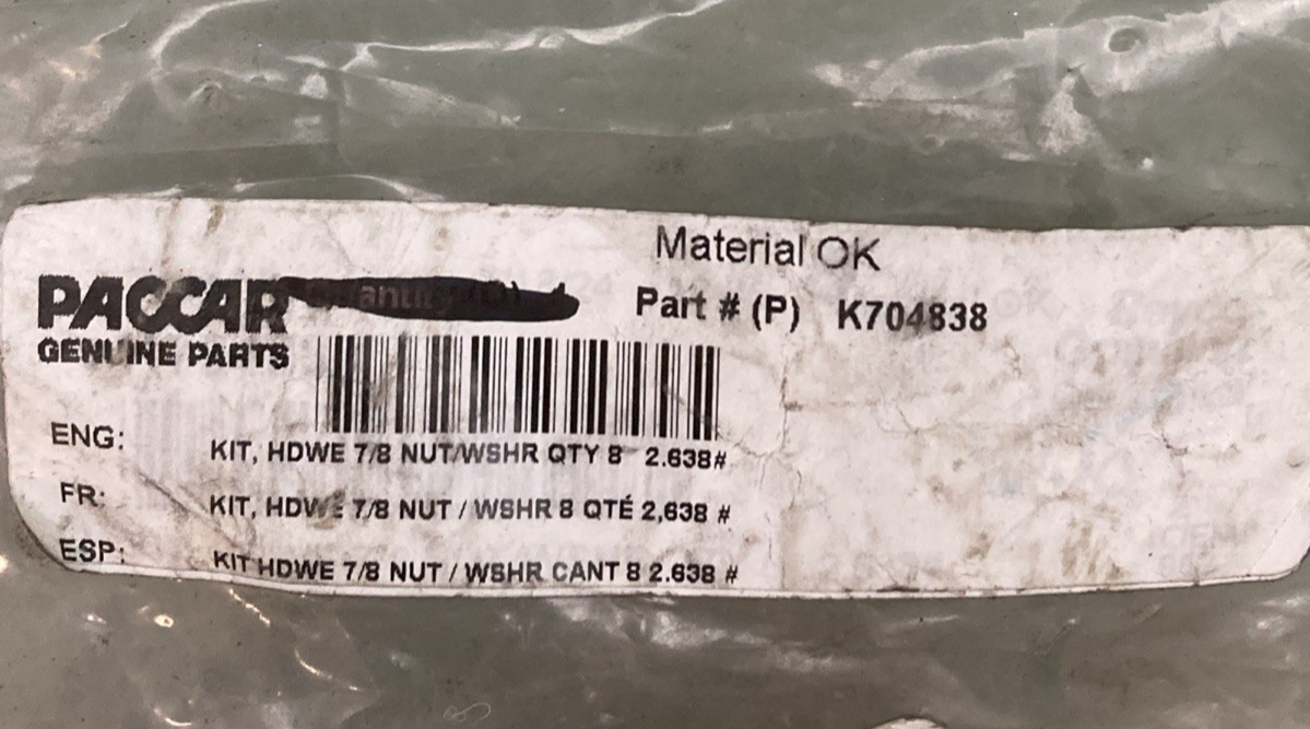 NEW GENUINE REYCO GRANNING K704838 Hardware KIT 7/8 3 Nuts, 2 Washers